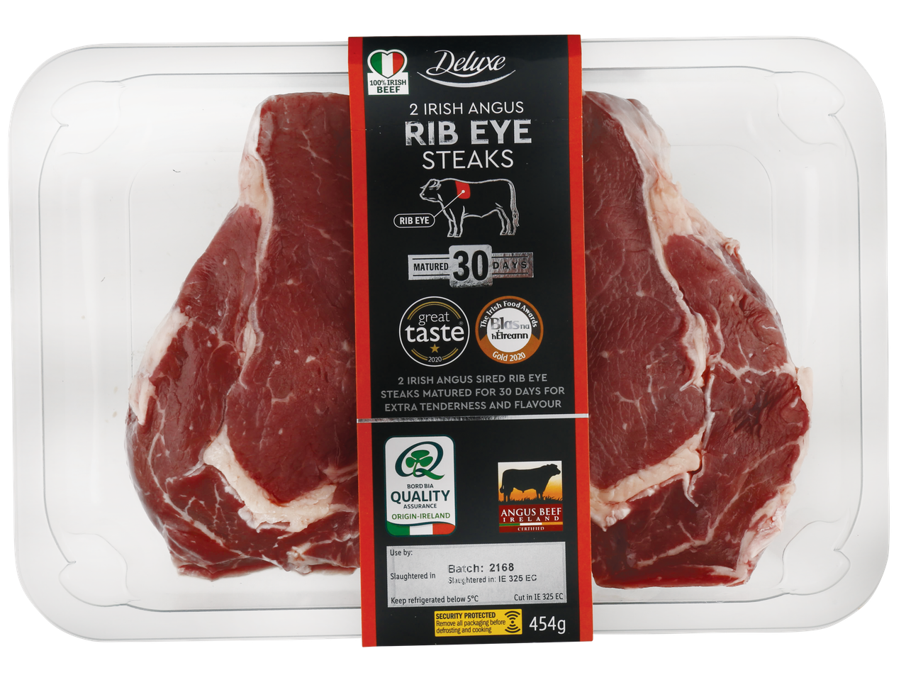 Two Irish Angus rib eye steaks in packaging, matured for 30 days, 454g.