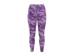 Purple patterned women's sports leggings with a high waist and drawstring.