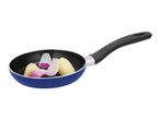 Blue frying pan with red onion and potato pieces