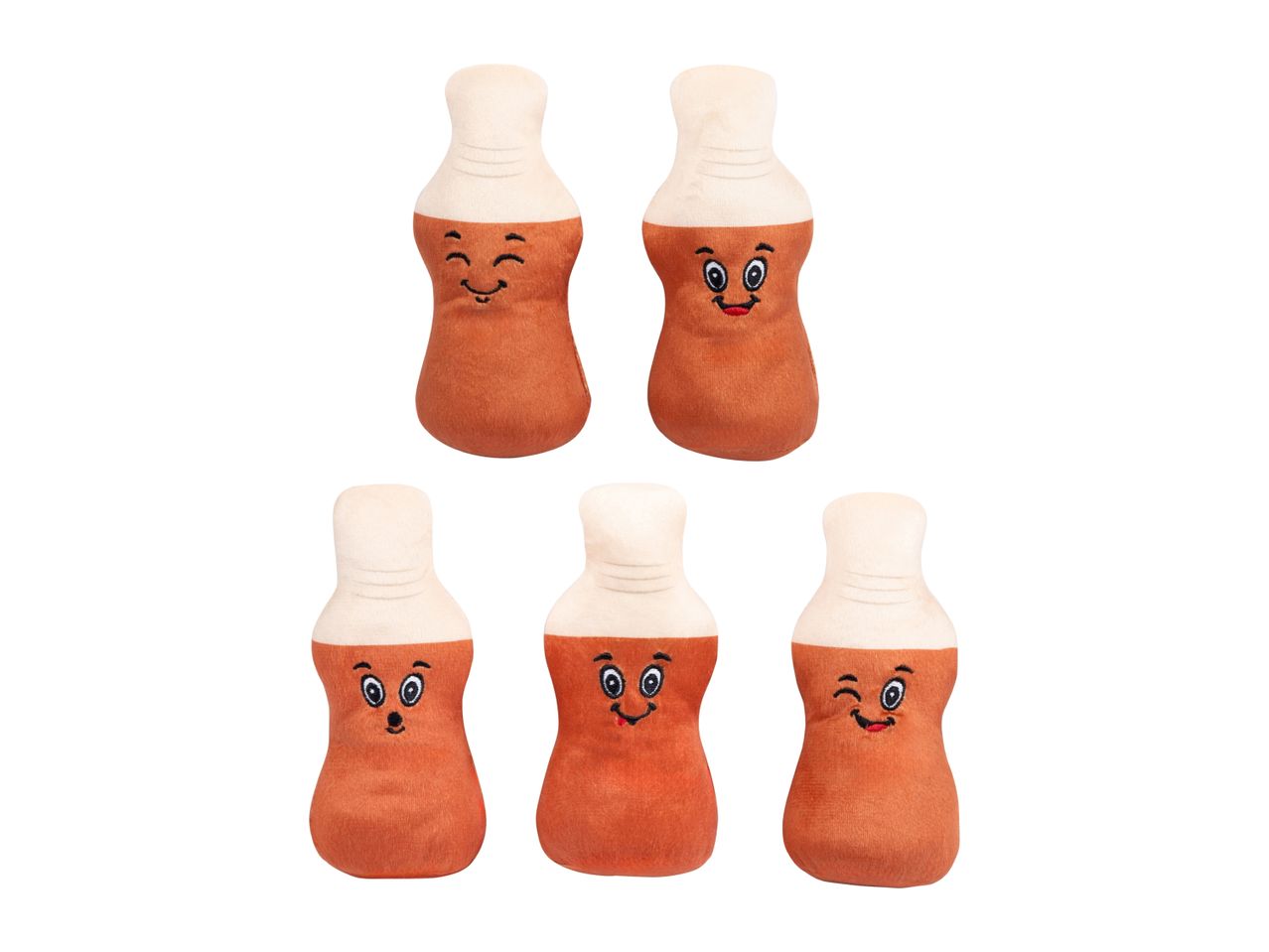 Five plush toys shaped like beer bottles with different embroidered facial expressions.