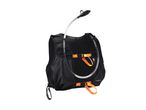 Black hydration vest with orange straps and a clear drinking tube