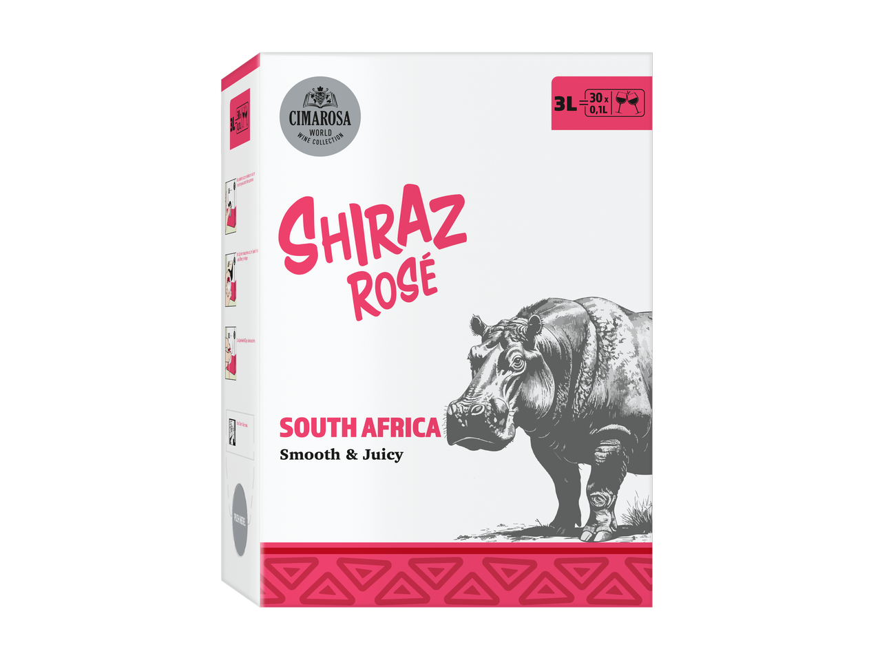Cimarosa Shiraz Rosé Bag in Box uit Zuid-Afrika, met een nijlpaardillustratie.