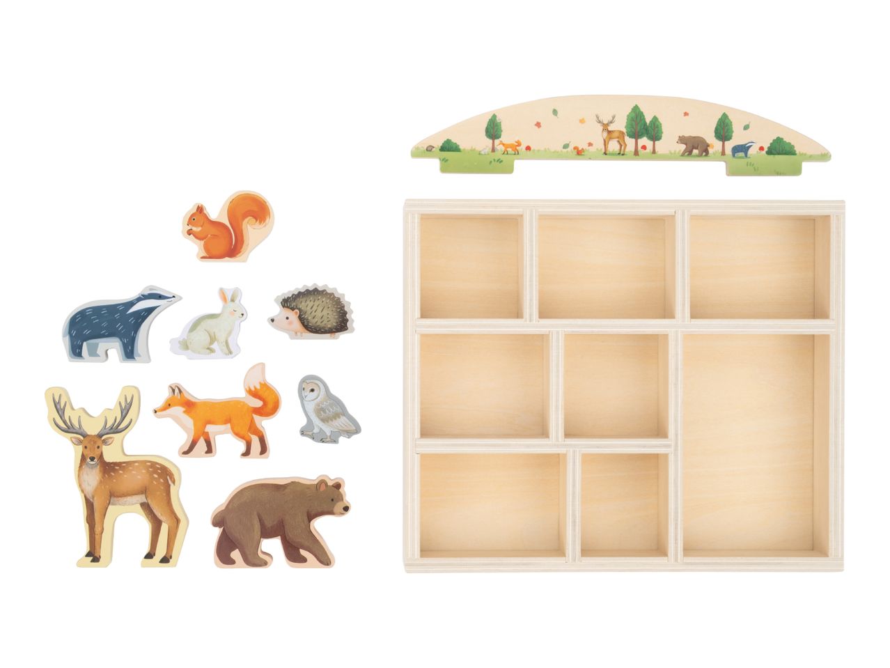 Wooden forest animal figures including a deer, bear, fox, badger, squirrel, rabbit, hedgehog, and owl, with a wooden display shelf and a decorative forest-themed top piece.
