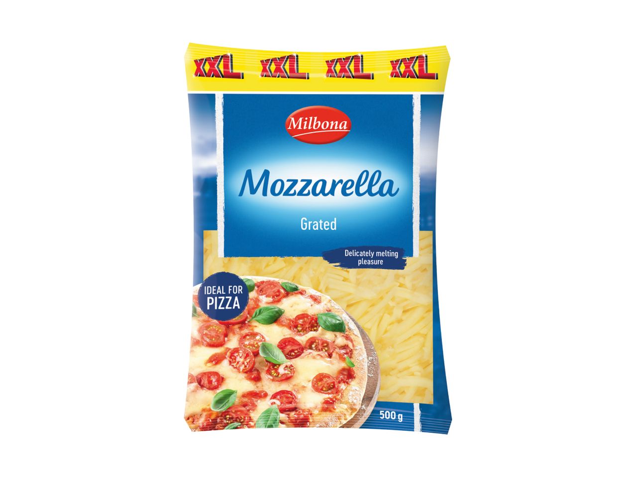 Tüte geriebener Président Mozzarella für Pizza.