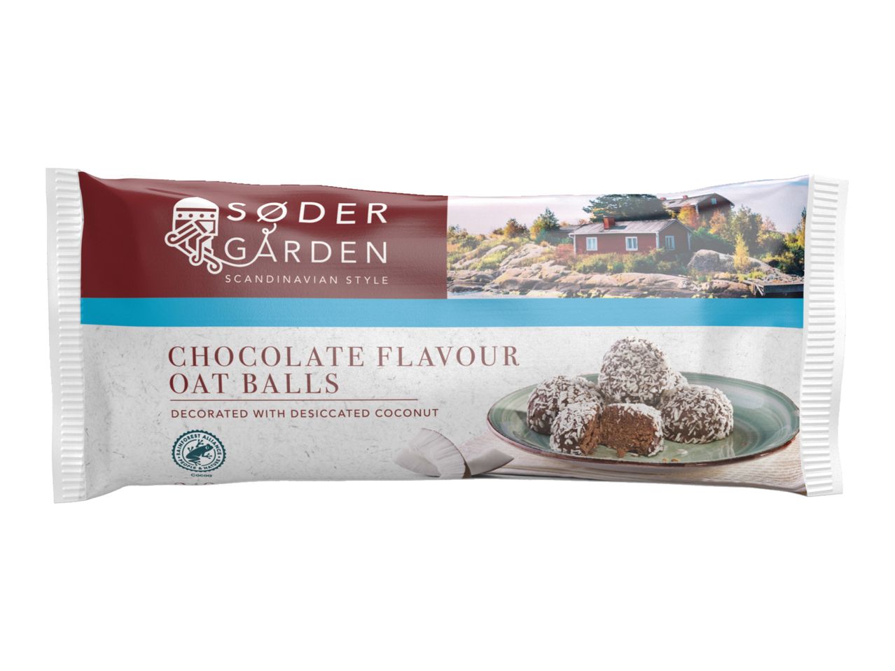Søder Garden Chocolate Flavour Oat Balls with desiccated coconut in Scandinavian style packaging.