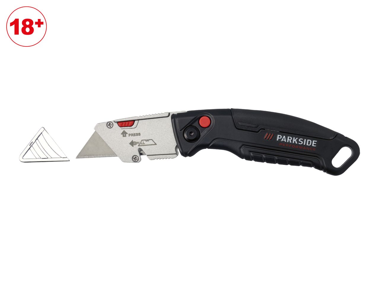 Utility knife with a red 18+ age restriction symbol