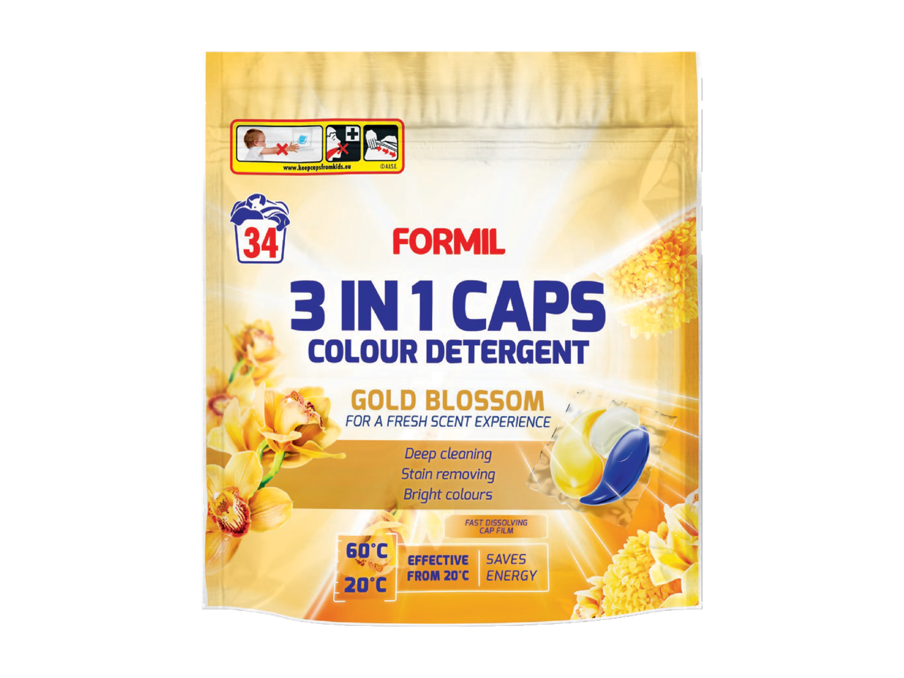 Caps Detergent Formil Gold Blossom 3 in 1: curățare profundă, îndepărtare pete, culori vibrante.