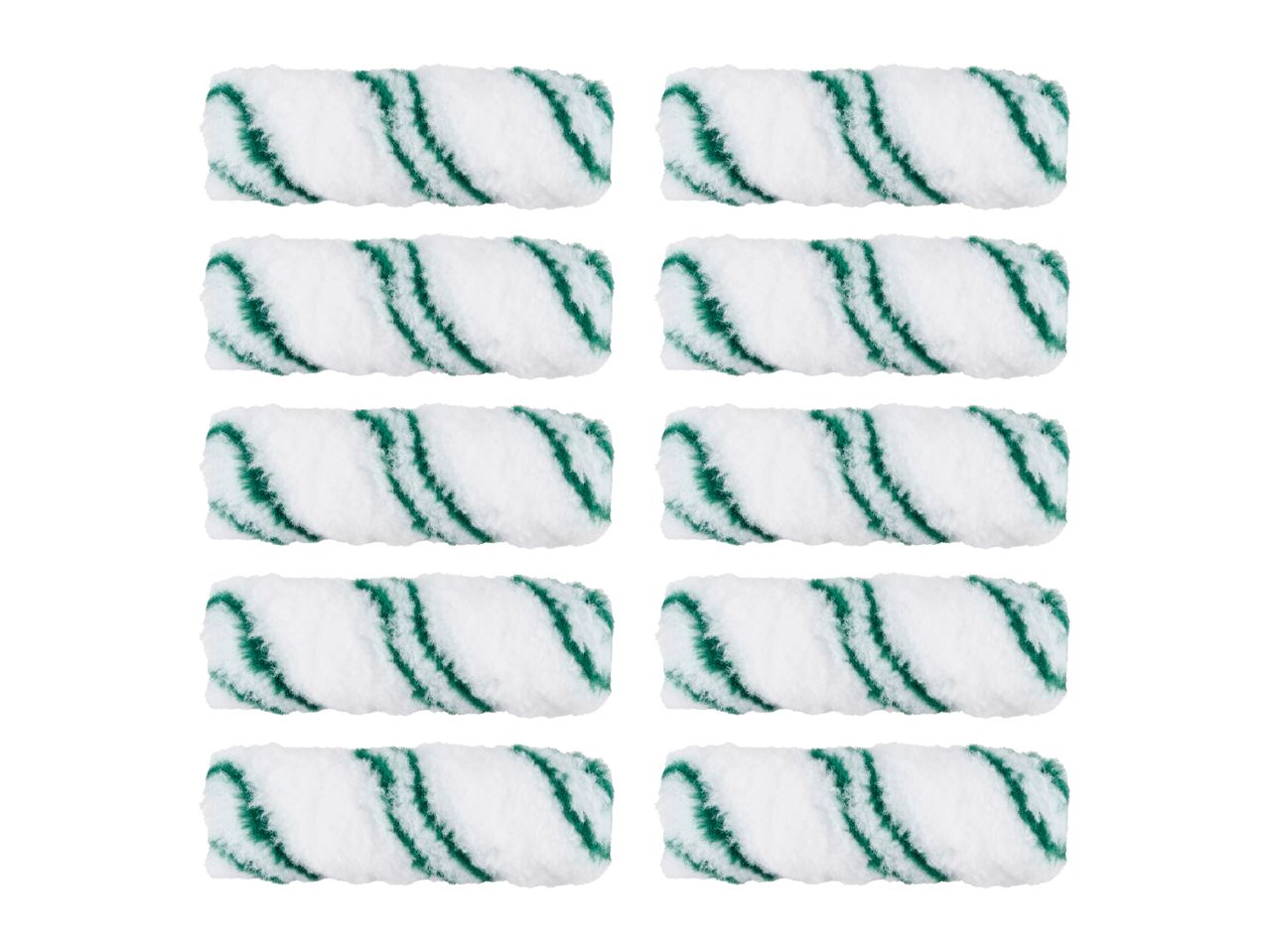 Ten white paint roller covers with green stripes, arranged in two columns.