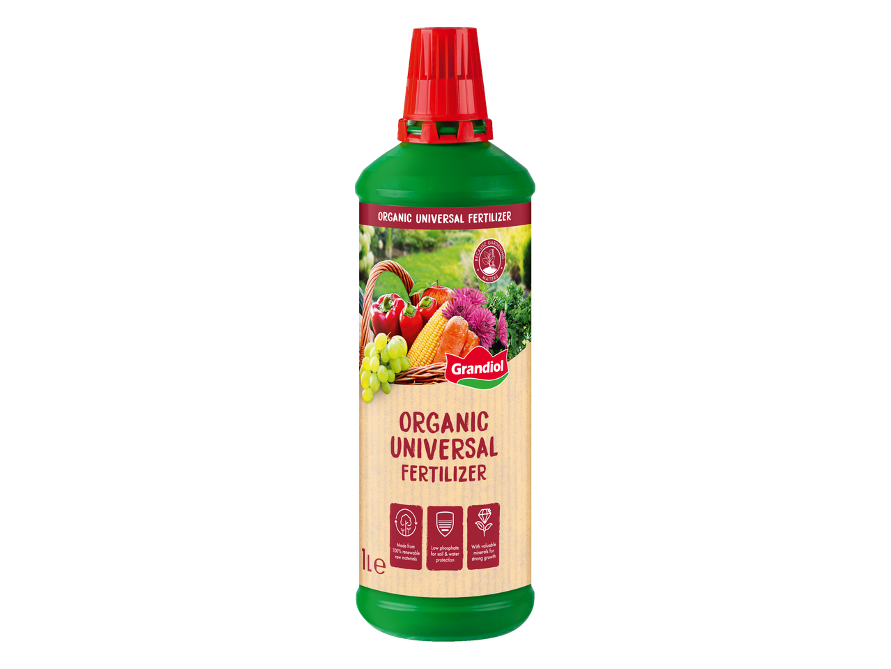 Green bottle of Grandiol Organic Universal Fertilizer with a label showing vegetables and fruits.
