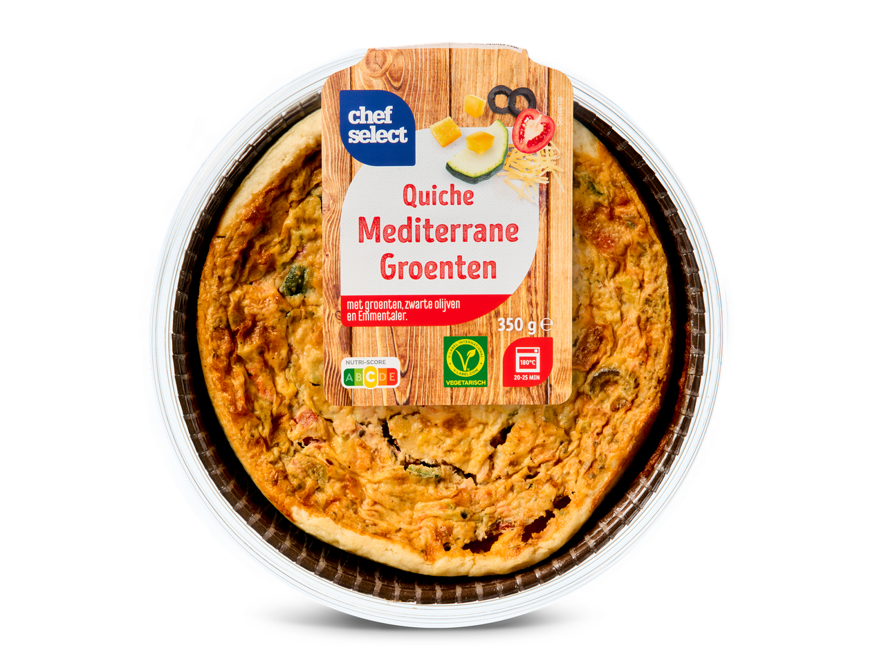 Quiche met mediterrane groenten, zwarte olijven en Emmentaler.