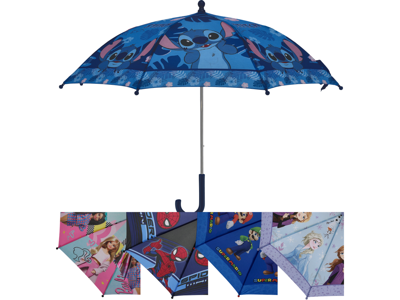Barnparaplyer med Stitch, Barbie, Spiderman, Super Mario och Frozen-motiv.