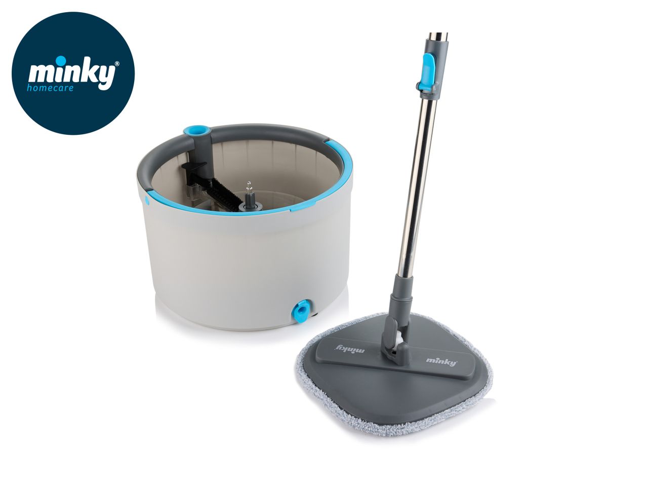 A grey and blue spin mop and bucket set on a white background.