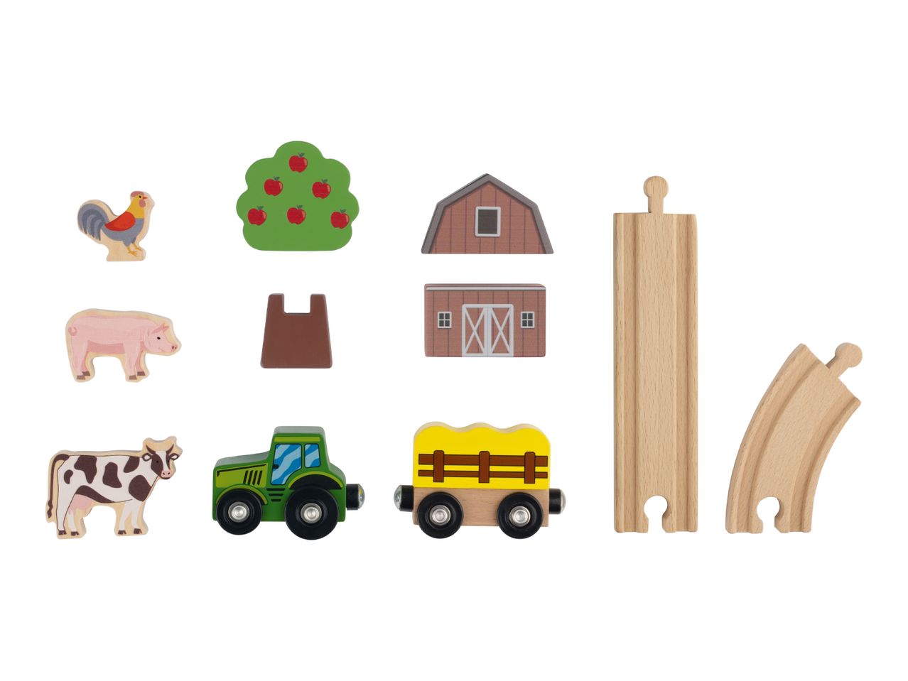 Wooden farm play set with animals, buildings, tractor, wagon, and train tracks.