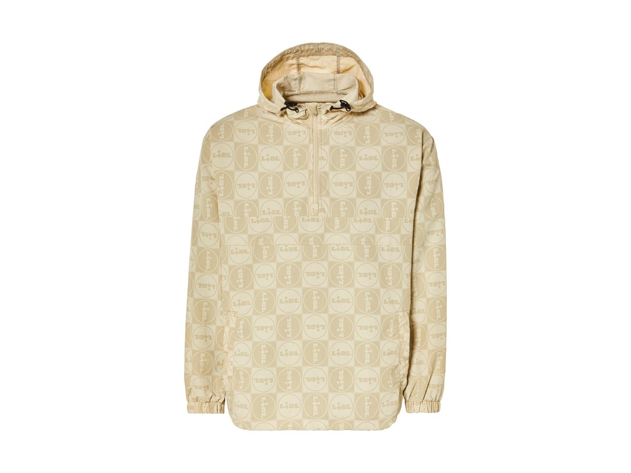 Beige Lidl-anorak med gentagne logoer i et ternet mønster.