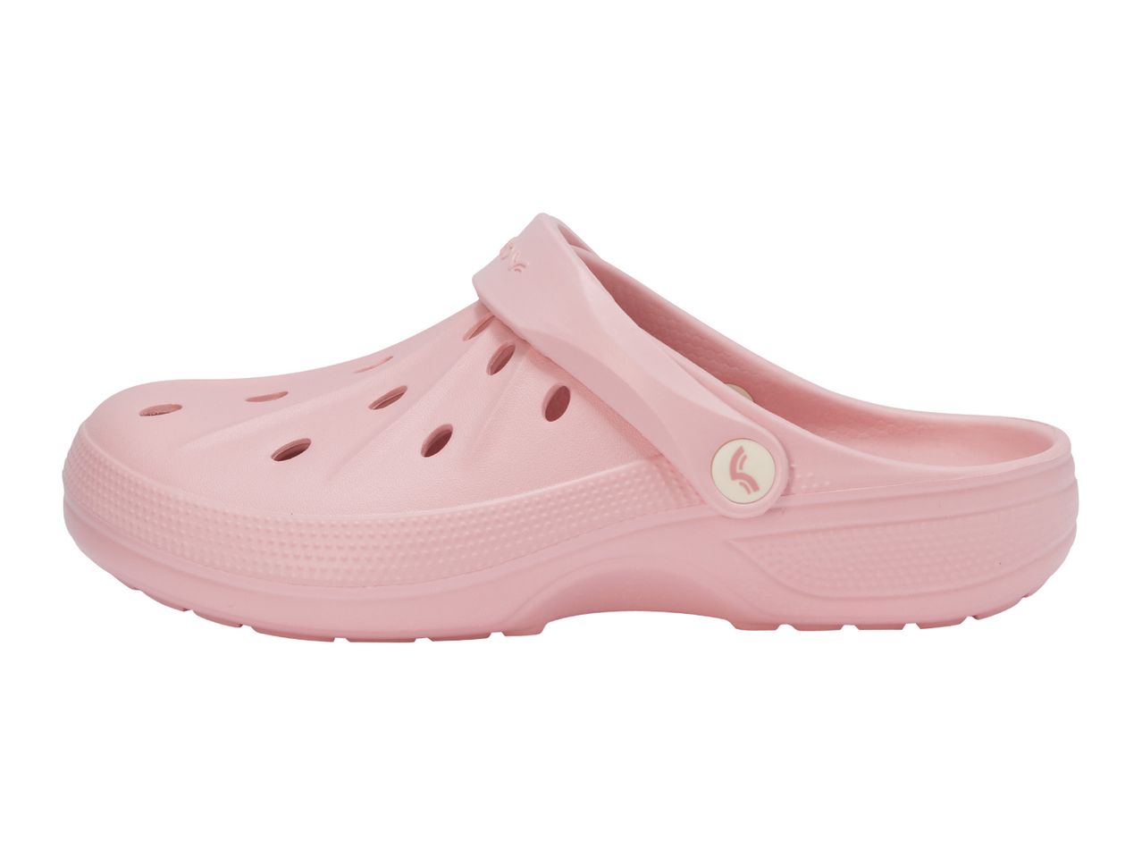 Light pink clogs with ventilation holes and a movable heel strap