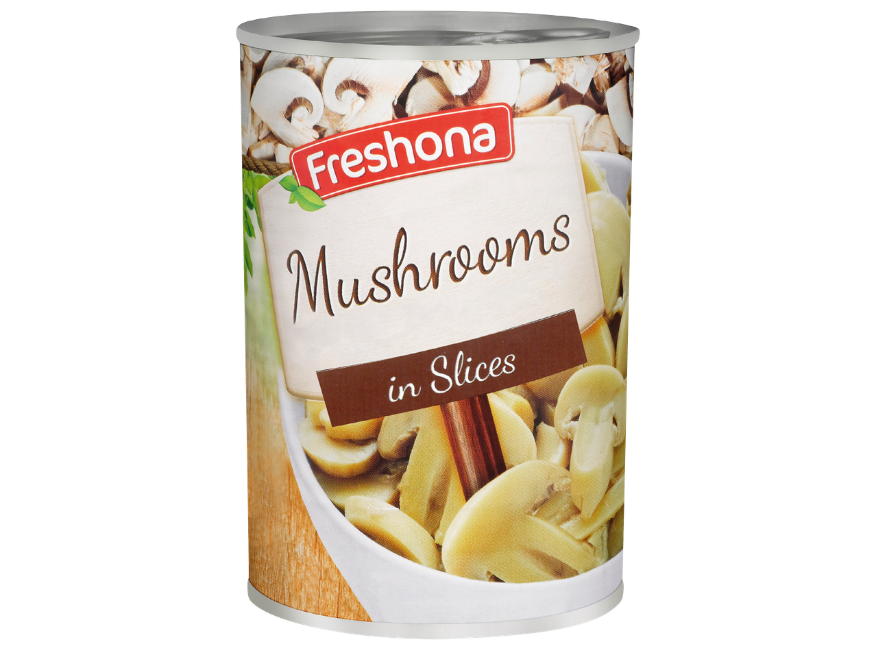 Консерва с гъби на филийки, с етикет с надпис „Mushrooms in Slices“.
