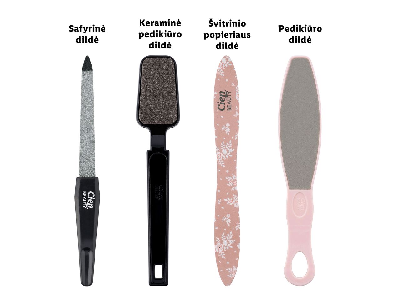 Keturių skirtingų nagų dildžių asortimentas, įskaitant safyrinę, keraminę, švitrinio popieriaus ir pedikiūro dildes, visos su „Cien Beauty“ prekės ženklu.