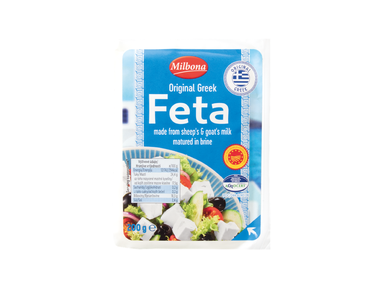 Milbona Original Greek Feta sir od ovčjeg i kozjeg mlijeka, 200g pakiranje.