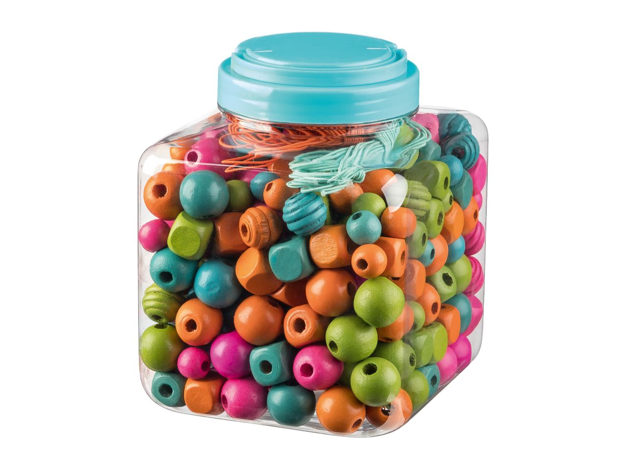 Clear jar filled with colorful wooden beads and crafting strings