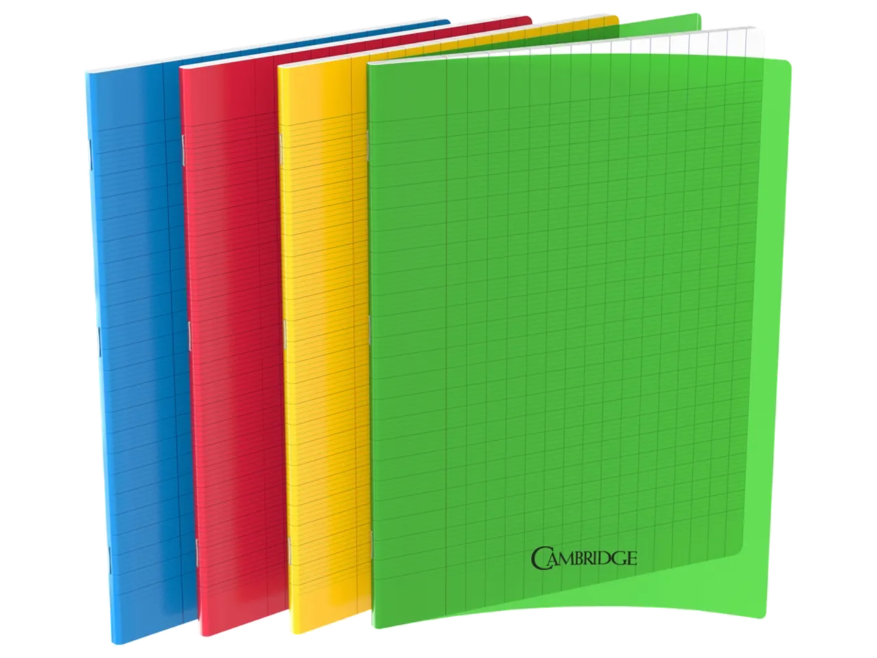 Quatre cahiers à spirale de couleurs vives : bleu, rouge, jaune et vert, avec des pages quadrillées.