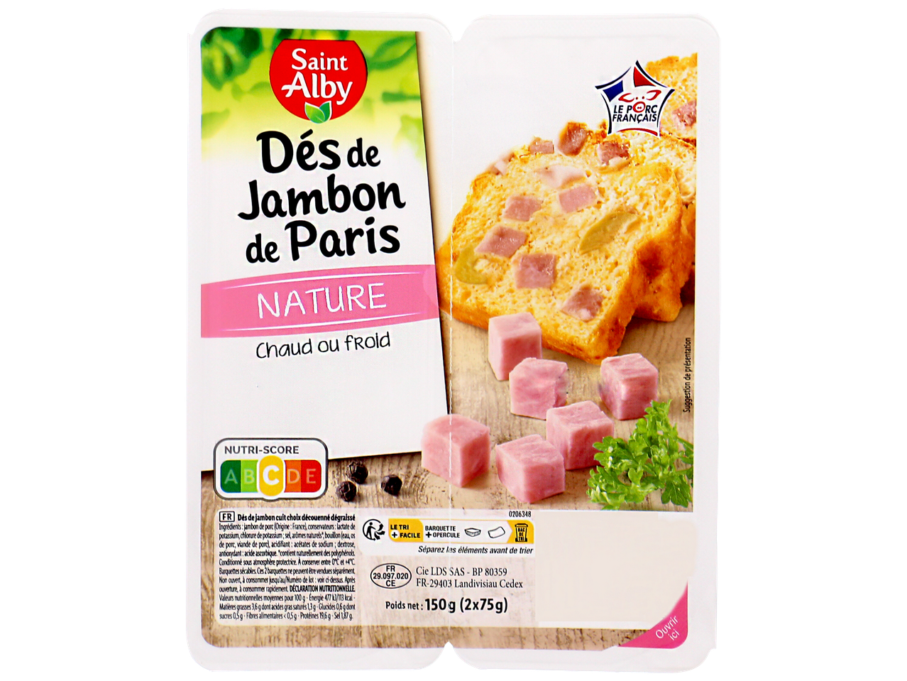 Paquet de dés de jambon de Paris, avec une suggestion de présentation en quiche.
