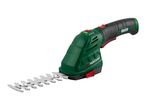 Cordless grass and shrub shears with a green and black body and silver blades.
