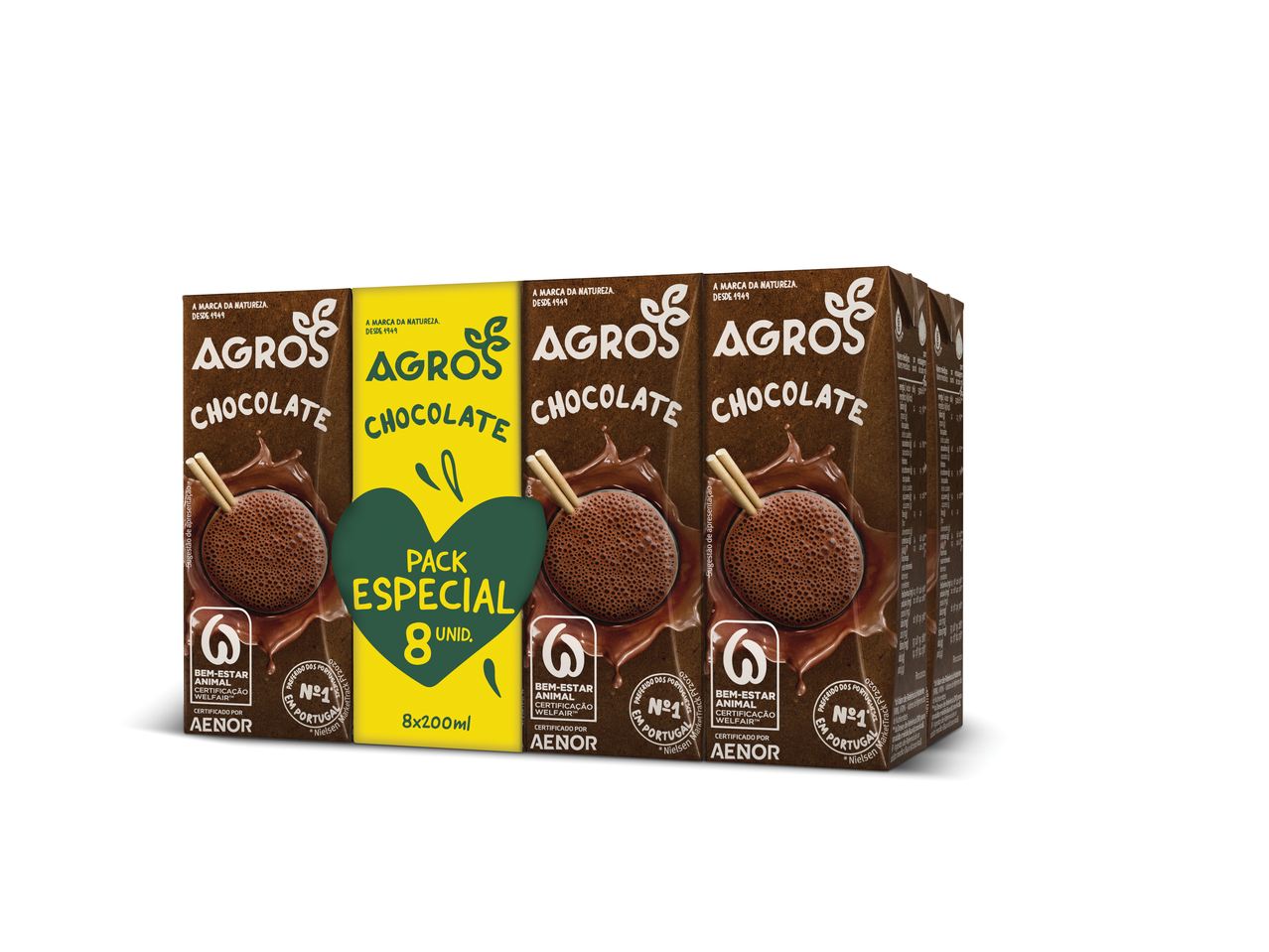 Pack com 8 bebidas de chocolate Agros.