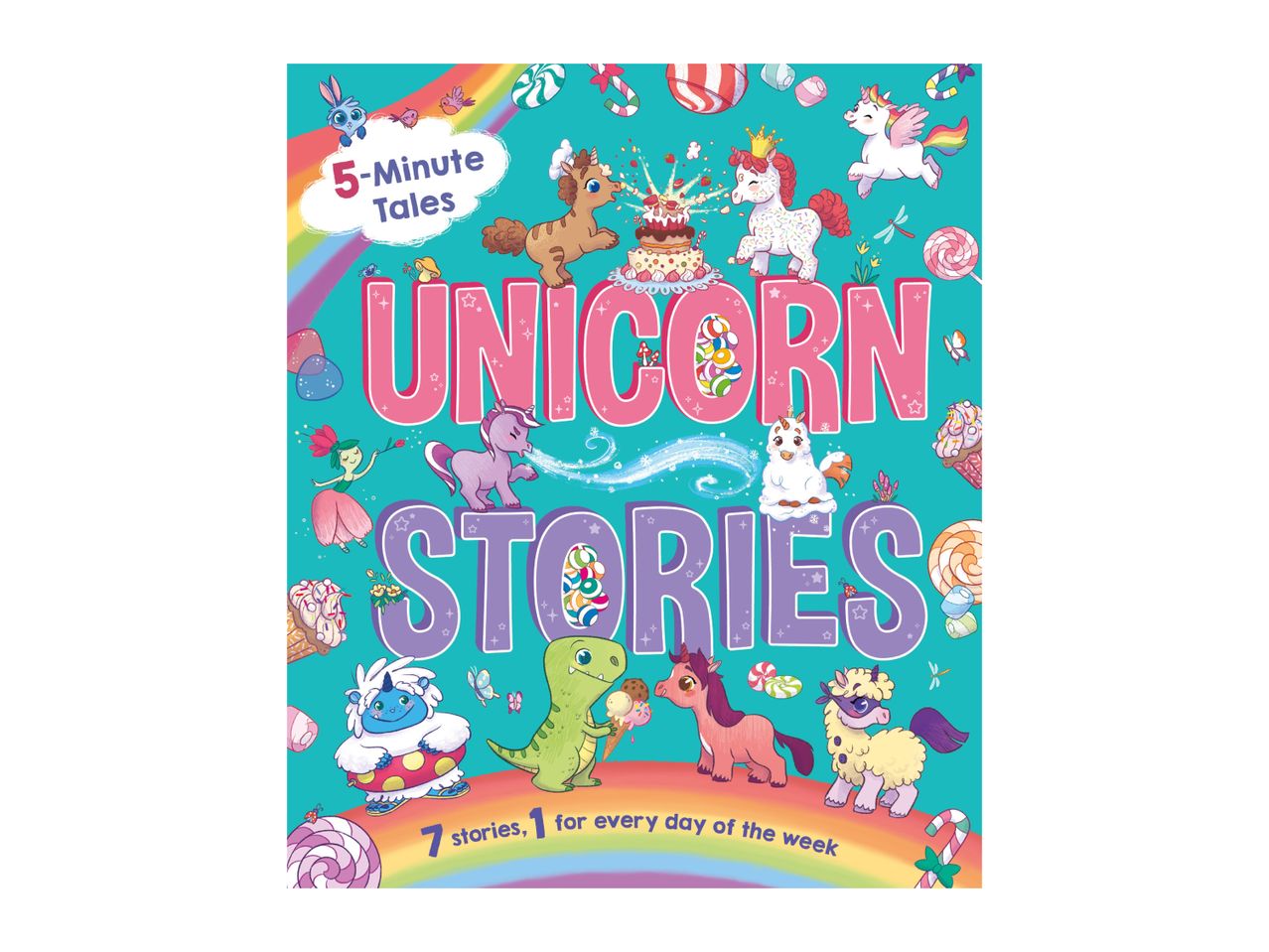 A colorful children's book cover titled '5-Minute Unicorn Stories' with various cartoon characters.