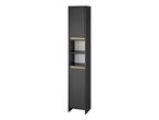 A tall, narrow black cabinet with light wood accents and shelves.
