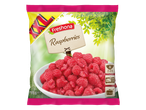 Diepvries frambozen van Fresona in een roze en gele zak.