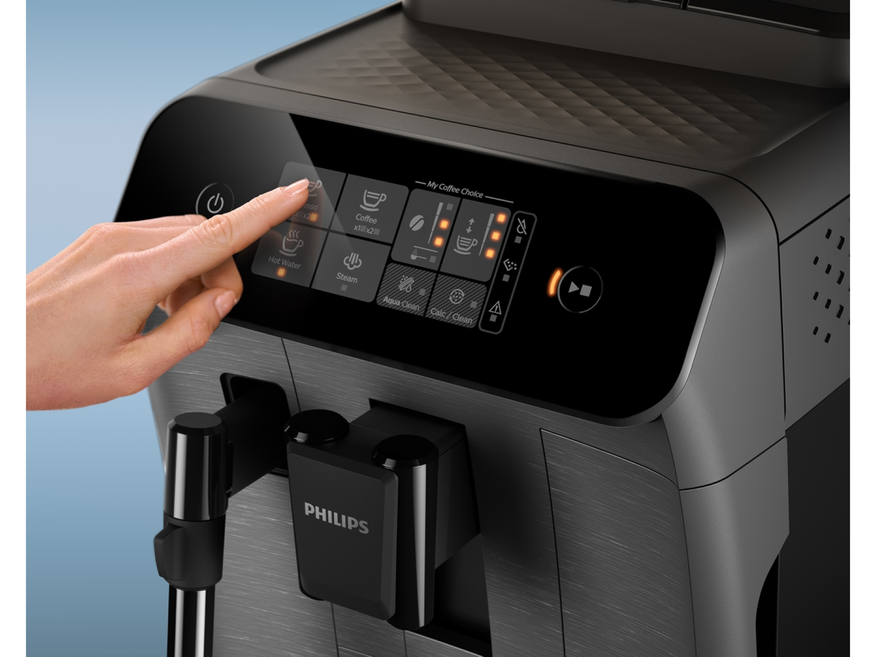 Espressor automat Philips cu ecran tactil, afișând opțiuni de cafea și abur.