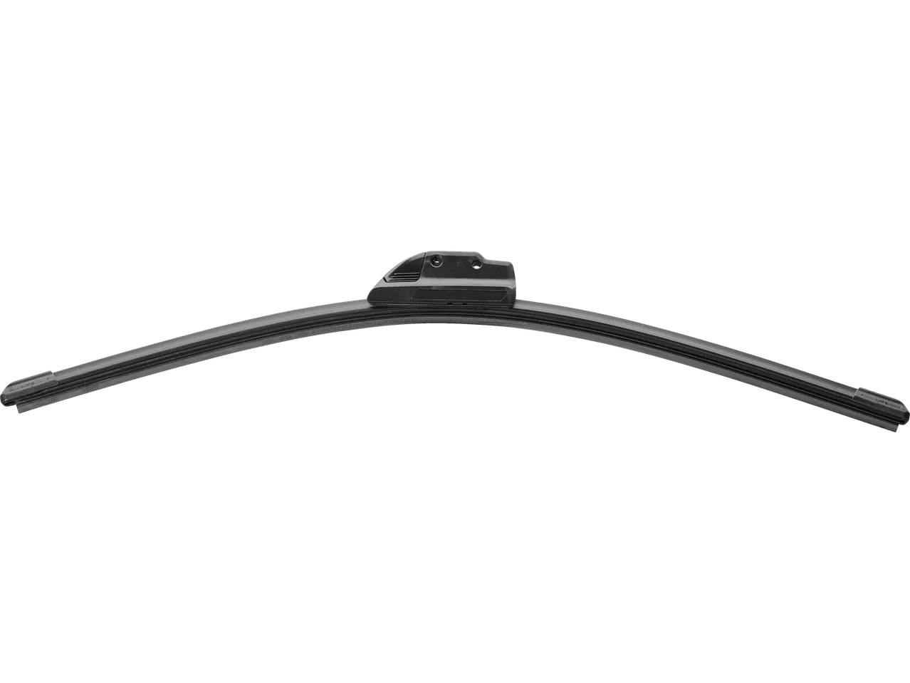 Black wiper blades with spoiler, curved, on a black background.