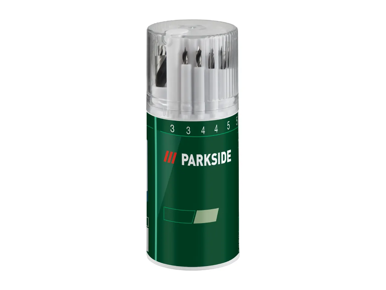 Parkside drill bit set in a clear cylindrical case