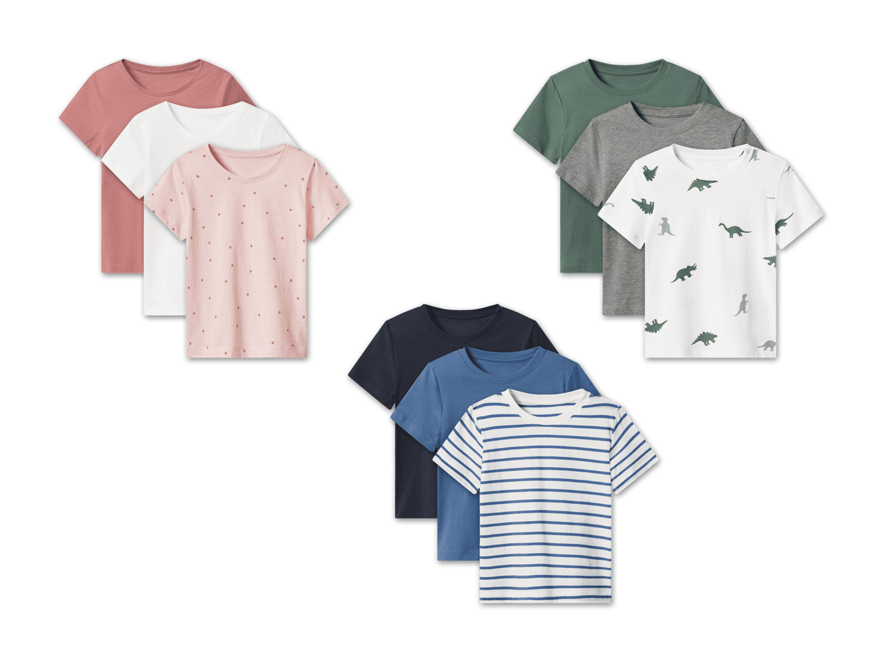 Mehrere T-Shirts für Kinder in verschiedenen Farben und Mustern, darunter rosa gepunktet, weiß mit Dinosauriern und blau gestreift.