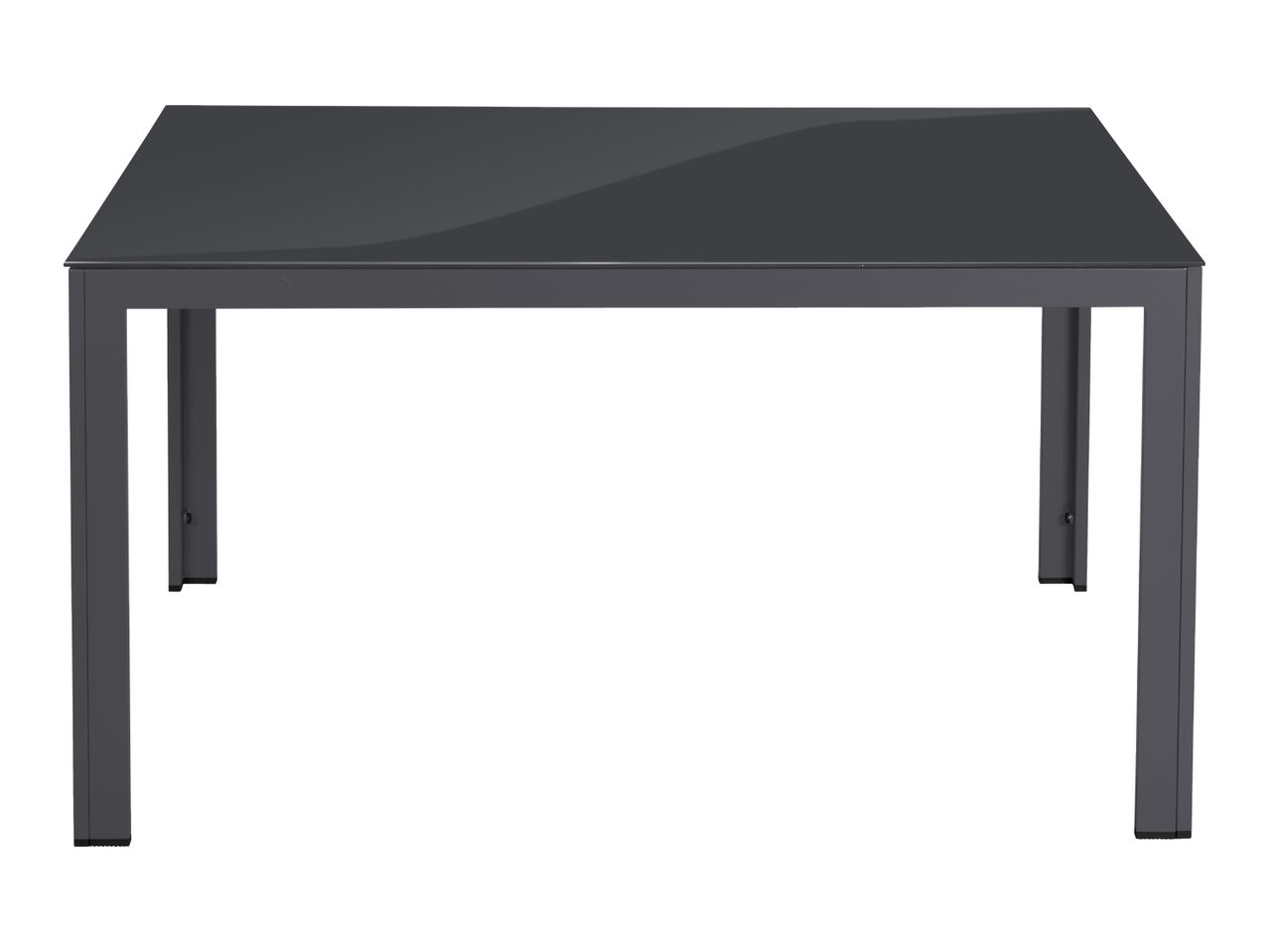 Dark grey rectangular outdoor dining table with a glass top and metal frame.