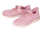Pair of pink knitted lace-up sneakers with light pink soles.