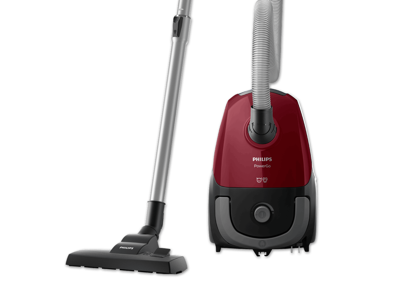 Ein roter Miele Staubsauger mit Zubehör.