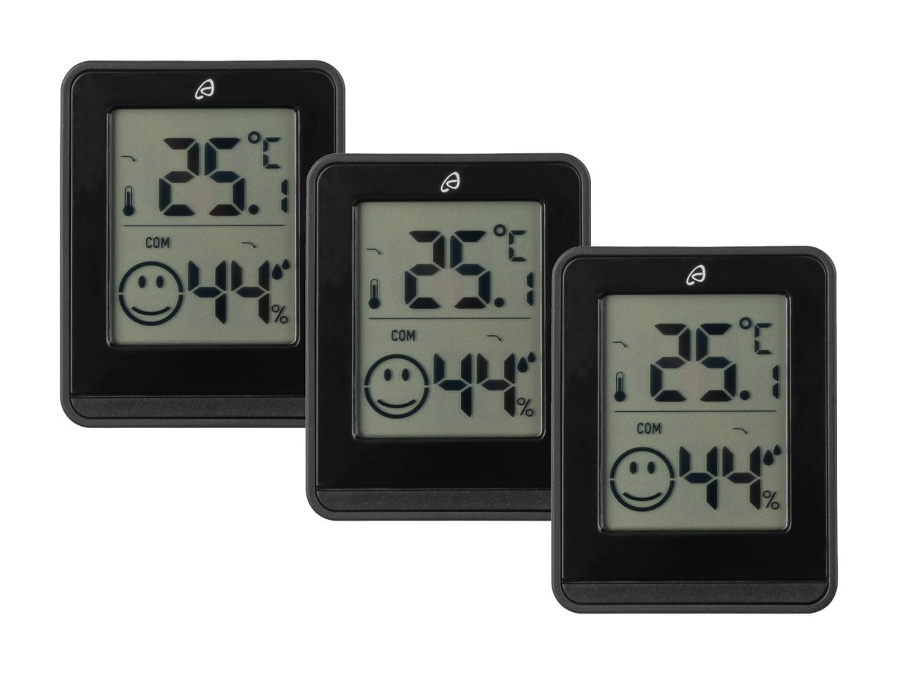 Tre sorte digitale termometre viser 25°C og 44% luftfugtighed.