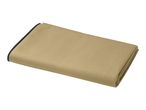 Folded beige picnic blanket with a black border