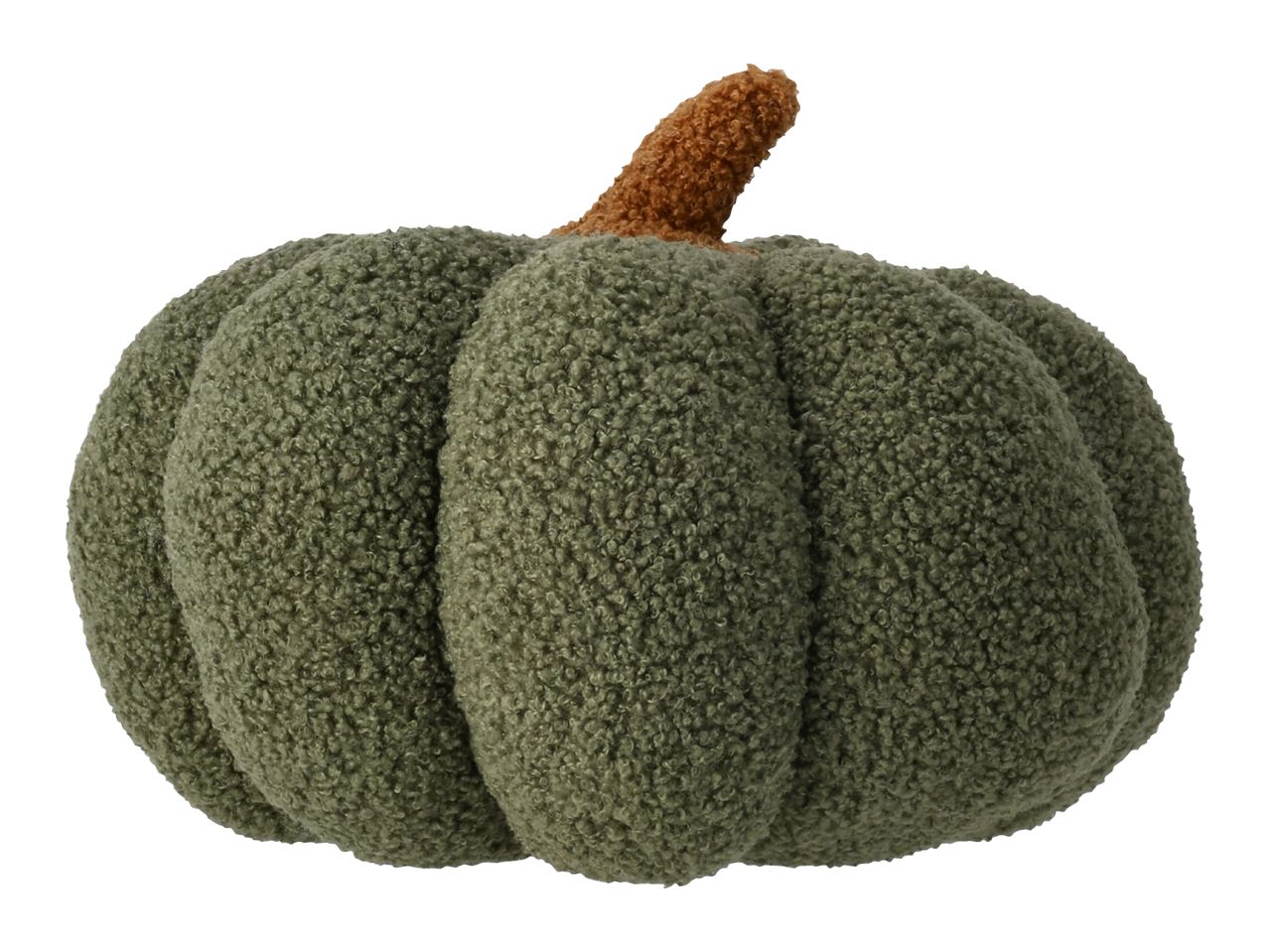 A plush green pumpkin with a brown stem.