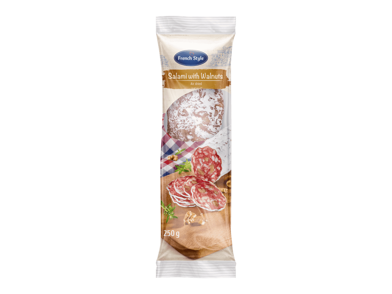 Ilmakuivattu saksanpähkinäsalami 250 g pakkauksessa.