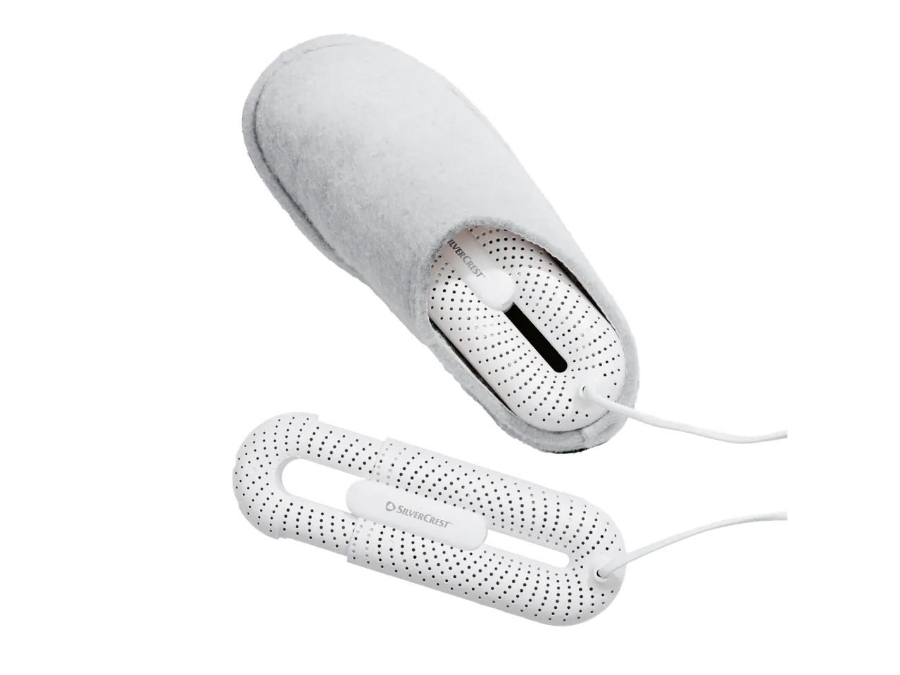 SILVERCREST® elektrinis batų džiovintuvas su vienu džiovintuvu pilkoje šlepetėje.