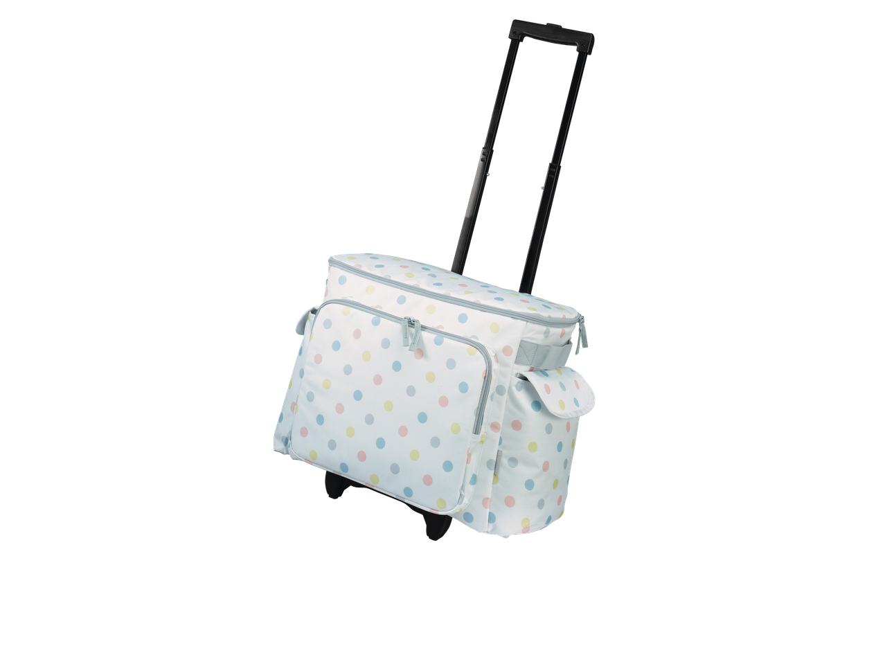 Rolling suitcase with polka dots, perfect for picnics.