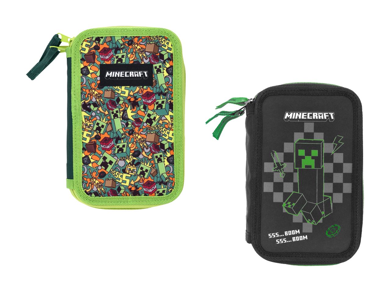 To penalhuse med Minecraft-tema, det ene med et farverigt mønster og det andet sort med en Creeper.