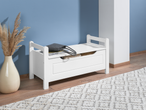Bancă cu spațiu de depozitare albă, în stil minimalist, perfectă pentru hol.