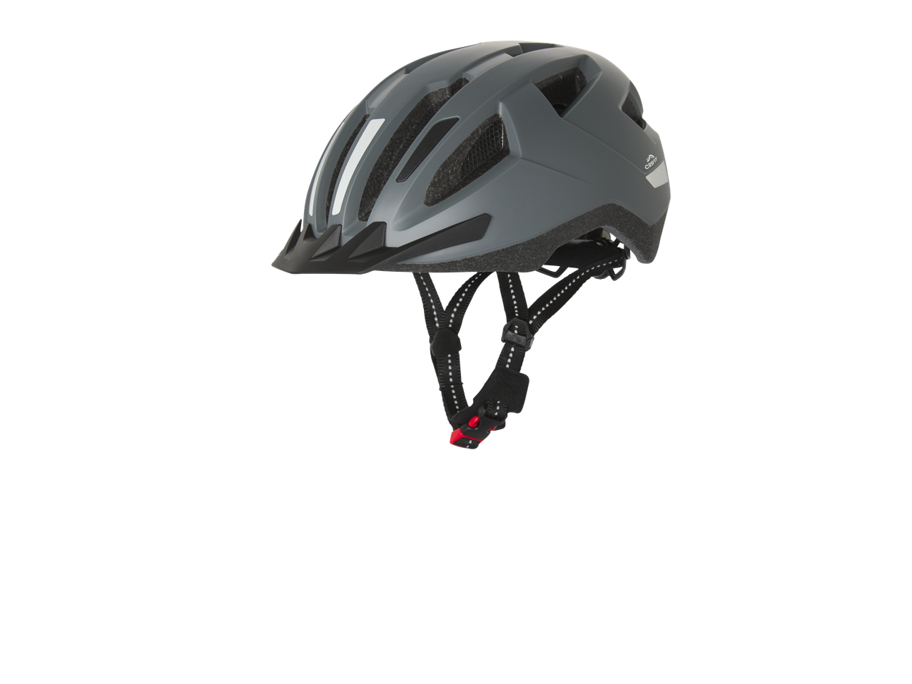 Grey bicycle helmet with reflective straps and a red buckle on a black background.