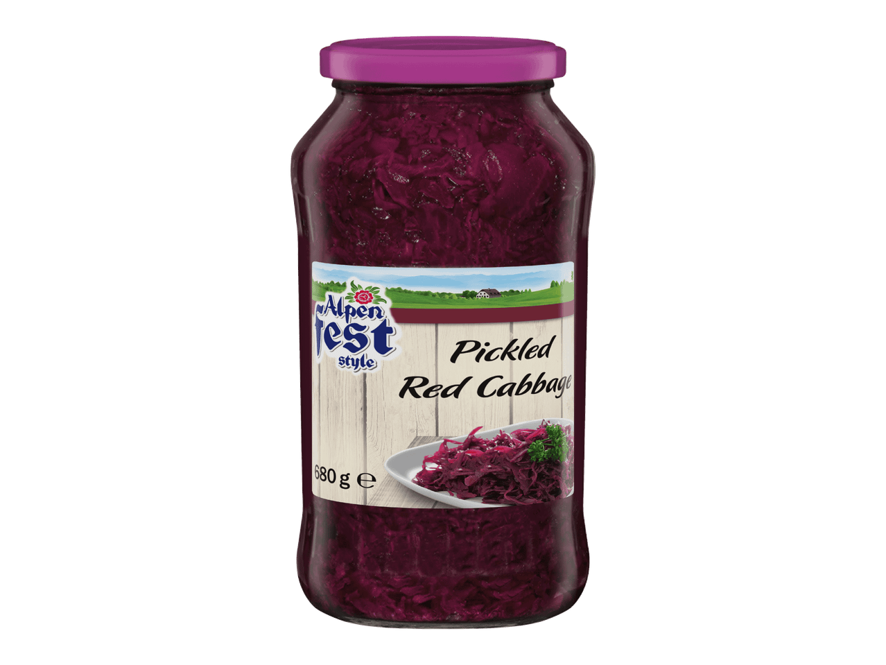 Purkki pikkelöityä punakaalia, jossa on maaseututeemainen etiketti ja teksti 'Pickled Red Cabbage'.