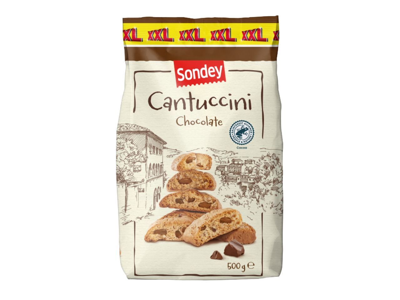Sondey Cantuccini Chocolate biscuits, 500g, with a Rainforest Alliance cocoa seal.