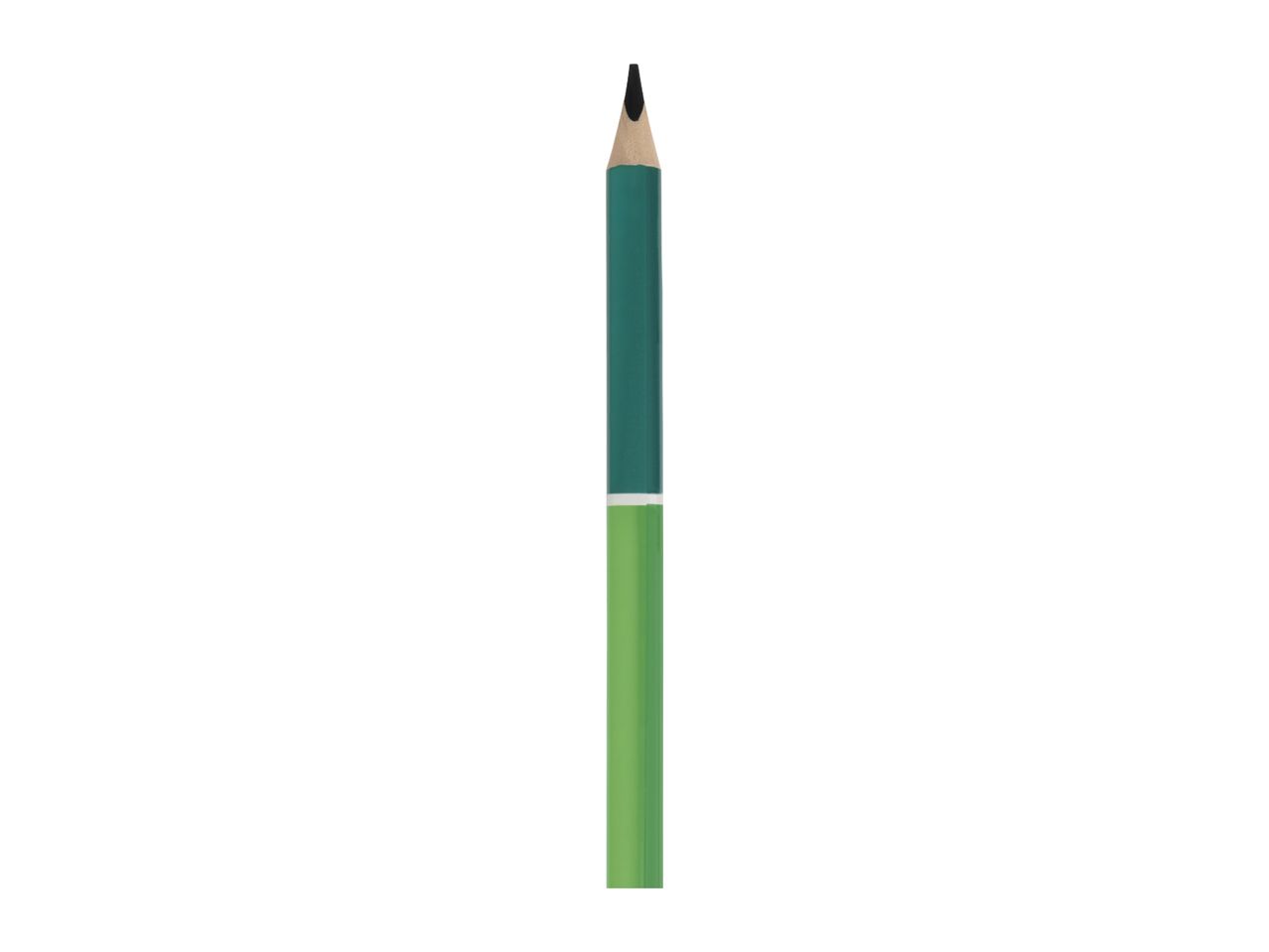 A green pencil with a dark green top and a lighter green bottom, sharpened to a point.