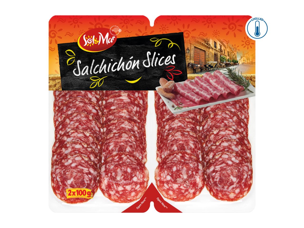 Packaged Sol & Mar Salchichón Slices, 2x100g, with a chilled label.